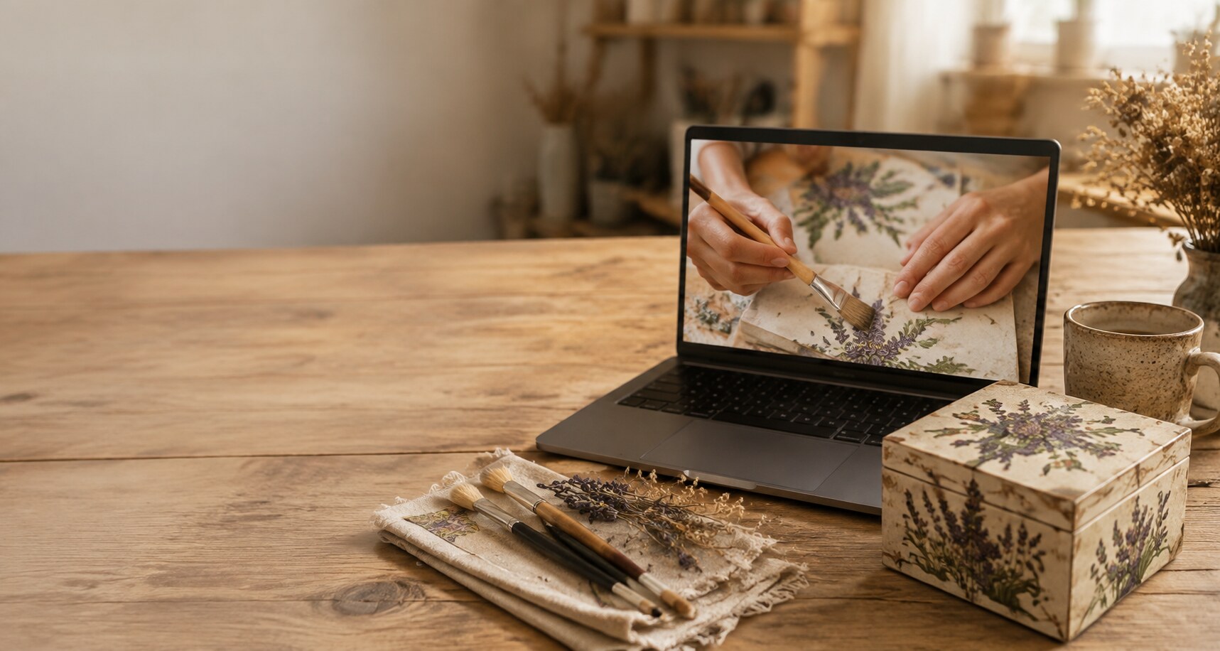 Laptop z kursem rękodzieła i materiały do decoupage